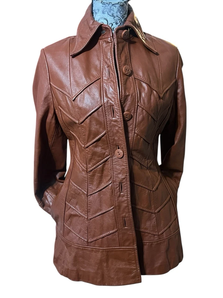 De Colección Años 70 Montgomery Ward Camisa Chaqueta The Tanner Mujer Talla 9/10 Cuero Marrón Foto 2 de 4