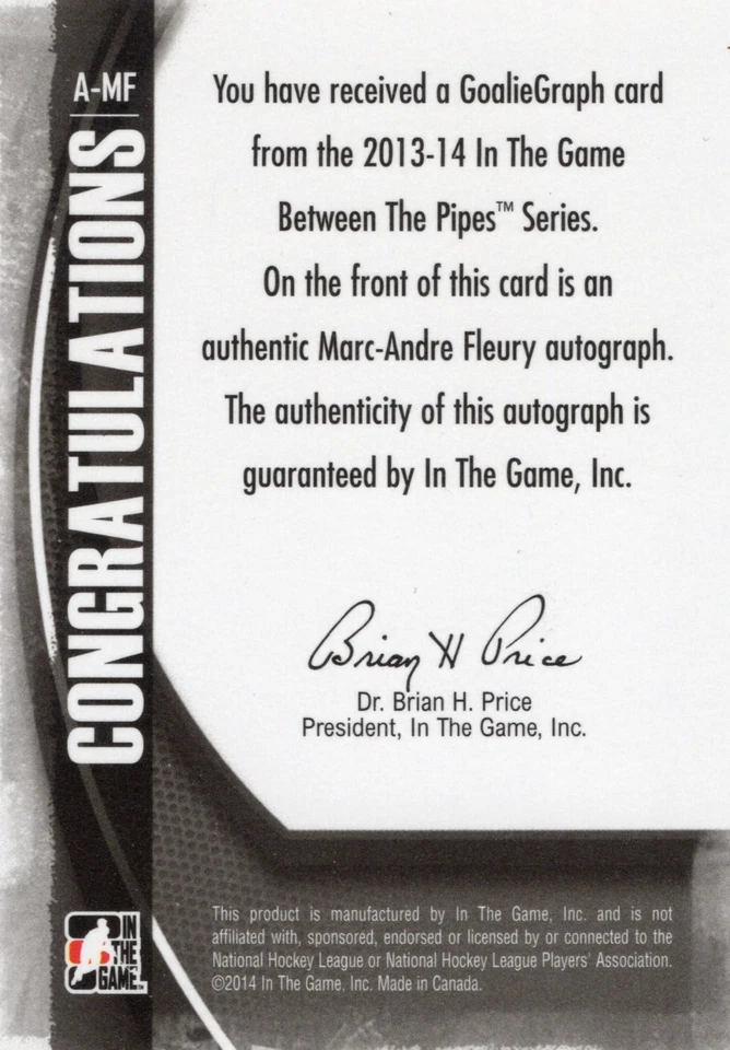 2013-14 ITG Between the Pipes MARC-ANDRE FLEURY #A-MF Autograph Goaliegraph - Image 2 of 2