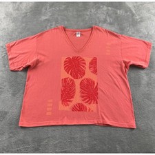 Cal Cru Womens XL Coral Pink Monstera Leaf Graphic V-Neck T-Shirt Made in USA