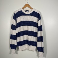 Woolrich Vintage Sweater 100% Cotton Cream Blue Stripes Made in USA Men's Size M