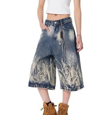 Men's Retro Blue Loose Fit Denim Jeans Summer Wide Leg Shorts Trousers Punk New