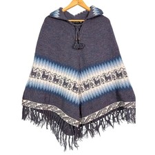 Alpaca Connection Peru Hooded Poncho Llama Knit Fringed Cape Blue Gray Blend