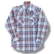 Vintage 70s-80s Levis Pearl Snap Western Plaid Shirt Blue Size Medium USA