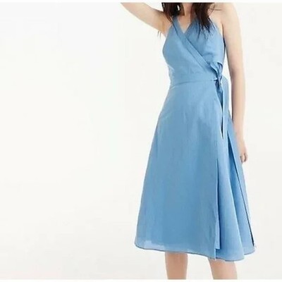 J. Crew Women's XL Midi Dress Blue Cotton Linen Blend Crossover Wrap  Sleeveless | eBay