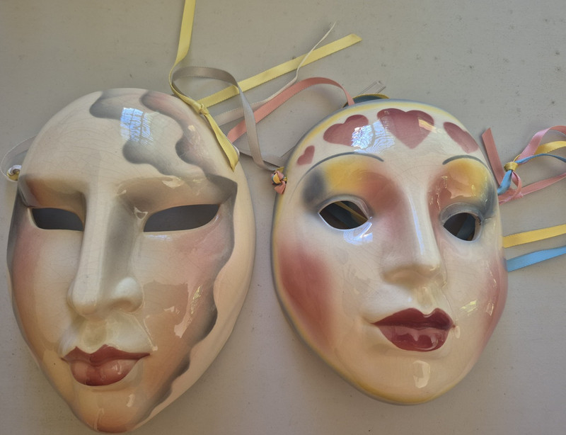 Hand Painted Ceramic Wall Masks Set of 2 1980s Abstract Clown Art Decor