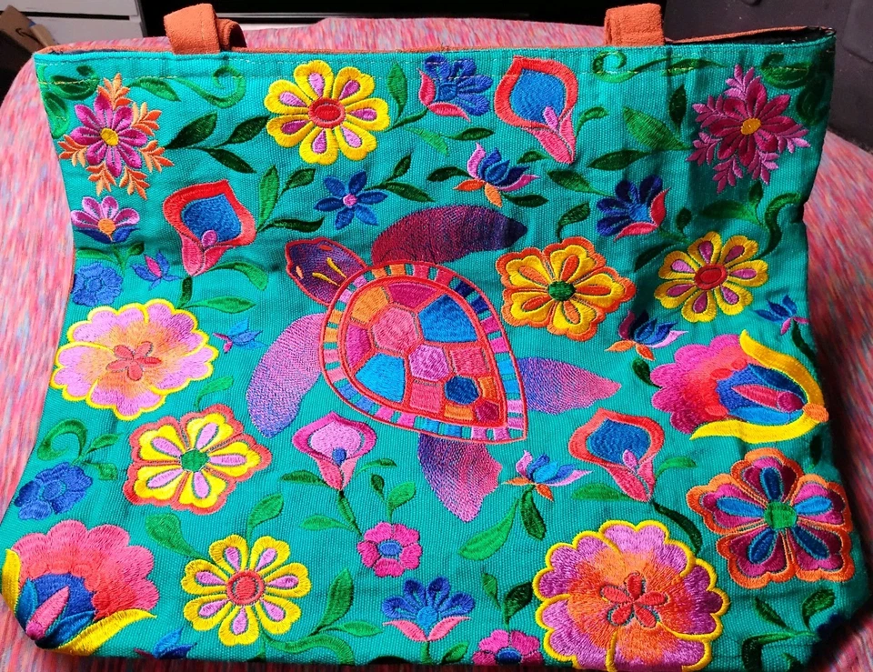 Bolso de Mano Extra Grande Bordado con Tortuga Marina y Flores Colorido Boho Playa Foto 4 de 4