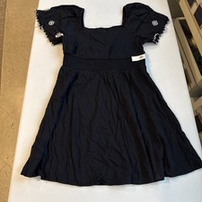 Old Navy Smocked Flutter Short Sleeve Black Dress Embroidered Y2K Size L New NWT