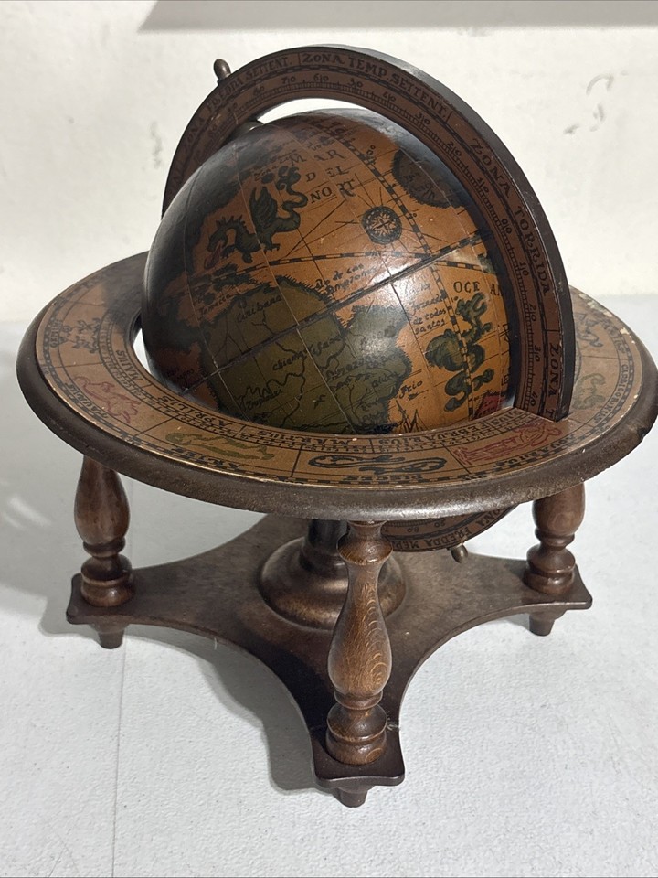 Vintage Italian Zodiac Globe Wood Pedestal Old World Desk Decor Italy