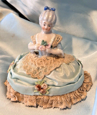 Antique Sewing  Pin Cushion Porcelain Half Doll Blue Skirt Lace Trim 3.5'' Tall