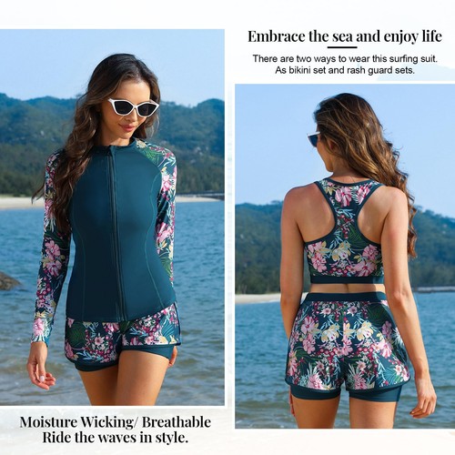 Women's UPF 50+ Rash Guard Long Sleeve 3 Piece Zip Up Swimsuit UV/Sun Protect... - Picture 4 of 6