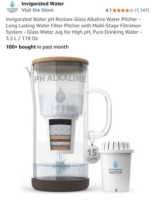 pH Restore Glass Alkaline Water Pitcher - Long Lasting Water Filter Pitcher 3.5L
