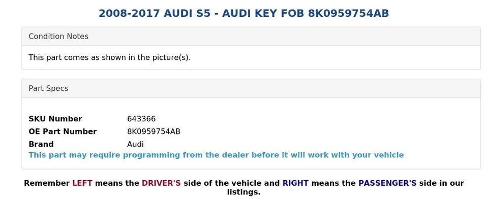 AUDI S5 2008-2017 - AUDI LLAVERO 8K0959754AB Foto 4 de 4