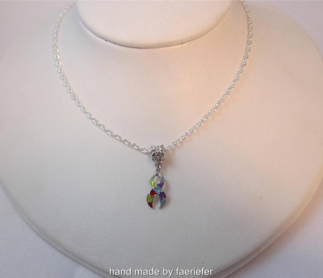 Autism Aspergers Awareness puzzle piece ribbon charm necklace silver