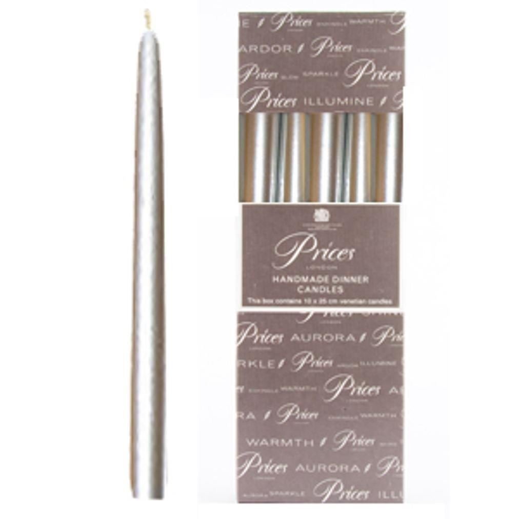 Price’s Venetian 10"" Dinner Candles Individually Wrapped - Pack of 10 - SILVER