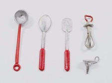 VINTAGE RED SILVER CAST METAL KITCHEN UTENSIL SET DOLLHOUSE MINIATURE 1:12 NEW