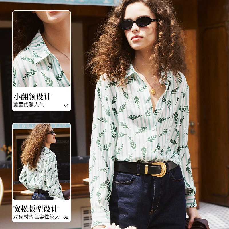 Mujeres 100% Real Seda Morera Manga Larga Floral Rayas Botón Camisa Top Francés Foto 2 de 4