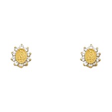 Real 14k Yellow Gold CZ Religious Virgin Mary Oval Post Screw Back Stud Earrings