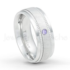 8mm Dome White Titanium Ring 0.05ct Tanzanite Solitaire December Birthstone Ring