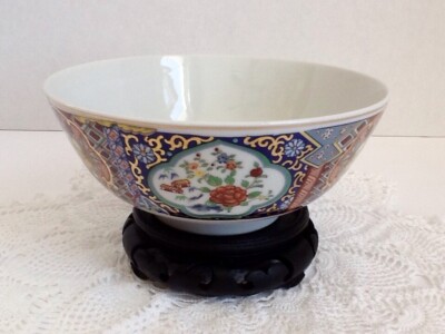 IMARI Floral Rice Bowl W/Stand National Silver Co. Nagoya Japan Signed