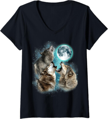3 Wolf Moon Howling Wolf Head Funny Wolves Gift Ladies' V-Neck Tshirt