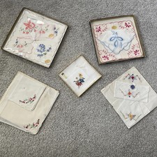 Vintage Lot 10 new white embroidered handkerchiefs hankies boxed pinned paper