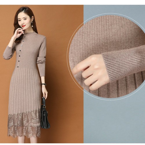 Long Sleeve Lace Trim Knitwear Midi 
