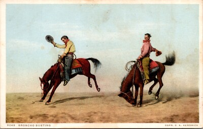Broncho Bronco Busting Cowboys Phostint Old West Postcard
