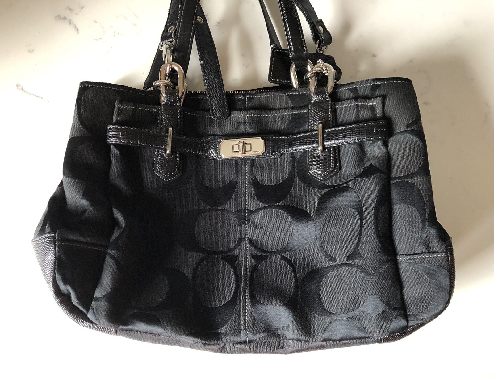 Coach Y2K Black Monogram Canvas Leather Handbag Purse Gem