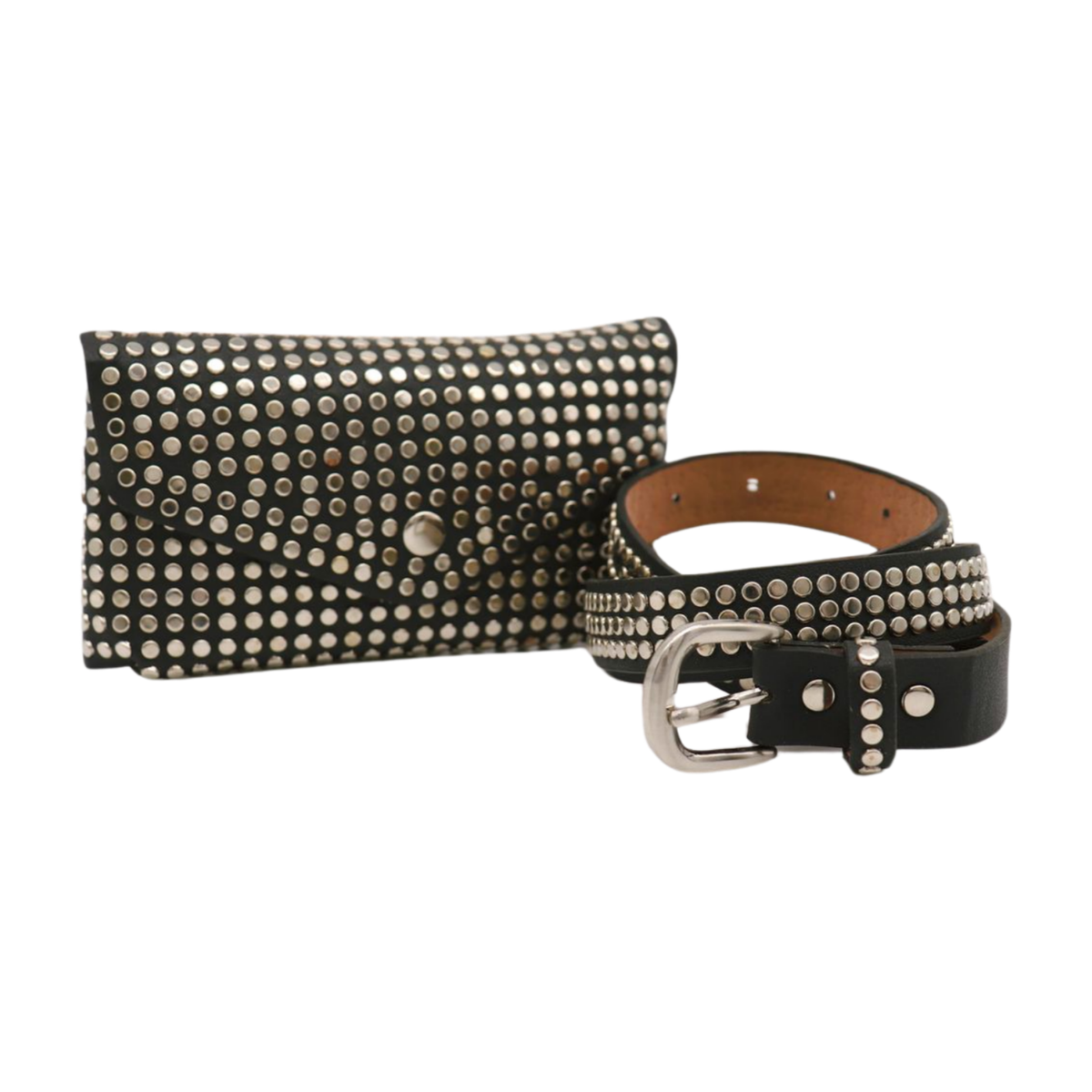 Women Black Faux Leather Skinny Belt + Wallet Bag Silver Studs Size S M z037 Women Black Faux Leather Fashion Belt + Wallet Bag Silver  main image 3
