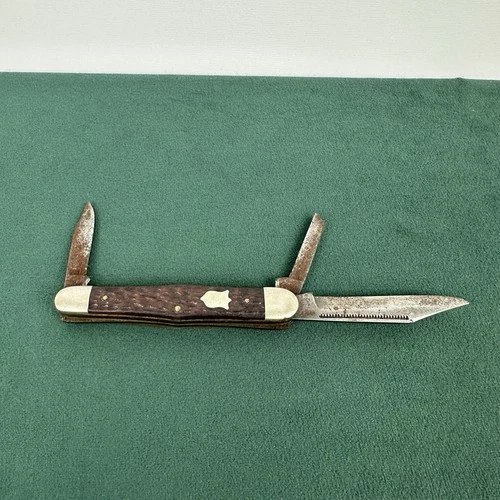 Vintage Camillus New York USA 3 Blade Folding Pocket Knife Brown Jigged Handle - product listing photo