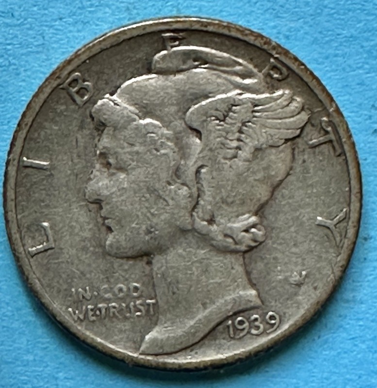 1939 Mercury Dime. 90% Silver. VF Condition. Wartime Coin. Charity Auction.