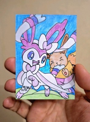 ATC ACEO Pokemon SYLVEON EEVEE TAG TEAM 1/1 ~ Hand gezeichnet Artwork von AJ ILIO 