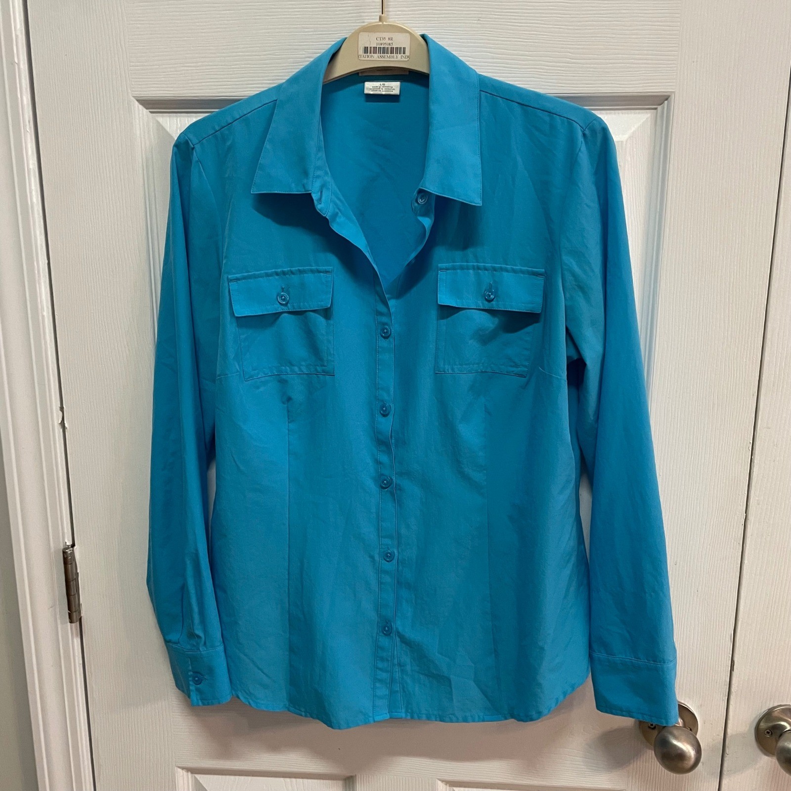 Van Heusen Womens Long Sleeve Button Down Shirt Top w/ Pockets - Blue Large