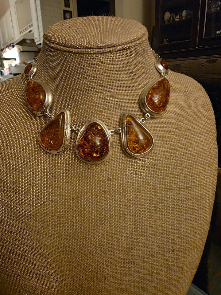 Vintage Genuine Amber Necklace, Silver Plated 15" w/ 3" Extender, Eye-Catching - Image 2 of 4