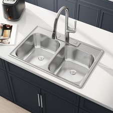 33 Inch Drop In Double Bowl Kitchen Sink, 33x22 Topmount 18 Gauge 304 Stainless