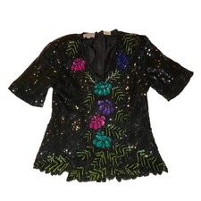 Vintage retro STENAY beaded sequin top blouse women's medium colorful 80s silk