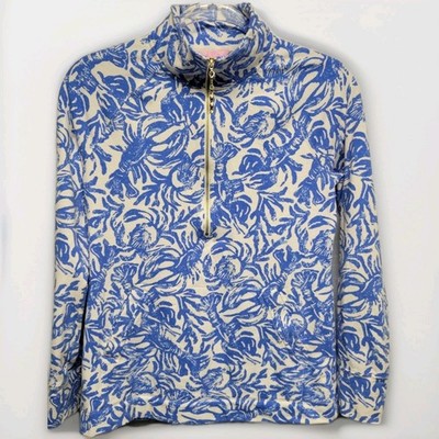 Lilly Pulitzer Skipper Popover XS Blue White Lobster Roll Half Gold Zip