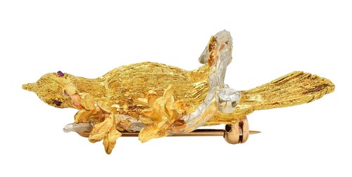 1960's Ruby Diamond 18 Karat Two-Tone Gold Vintage Bird on Branch Brooch - Picture 7 of 7