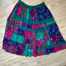 Vintage Patchwork Broomstick Maxi Skirt Cotton Jewel Tone Boho Purple Pink L