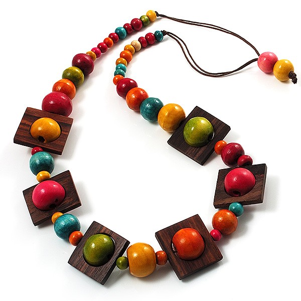 Multicoloured Square Wood Bead Cotton Cord Necklace - 74cm