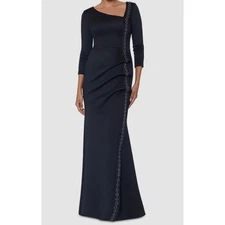 Xscape Ruched Black Gown Dress Size 4 NWT Ruffle Design Beaded Embellishments