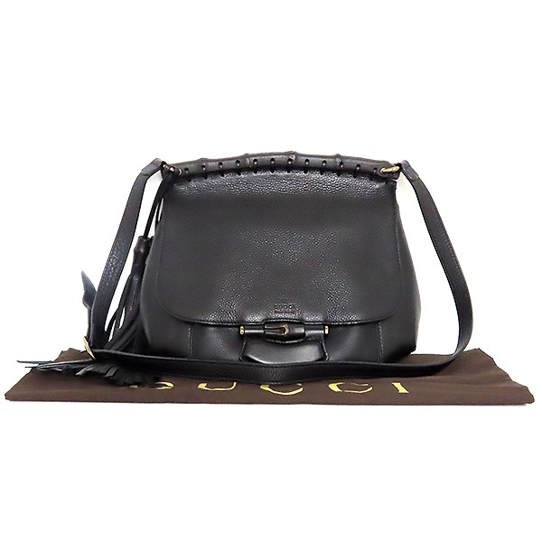 Gucci black leather bamboo flap crossbody bag with embellishments