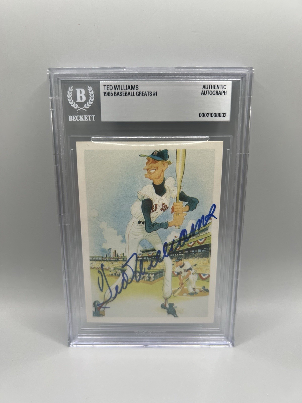 Ted Williams Signed 1985 Baseball Greats #1 Caricature Card Beckett Auto