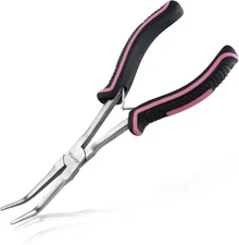 7-Inch Long Reach Bent Needle Nose Pliers Smooth Jaws 7", Black & Pink 