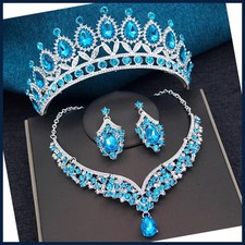 Royal Blue Crystal Bridal Jewelry Sets Tiaras Earrings Necklaces Wedding Crown