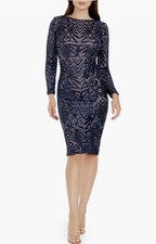 Navy Geometric Sequin Boat Neck Long Sleeve Bodycon Knee Length Dress XL