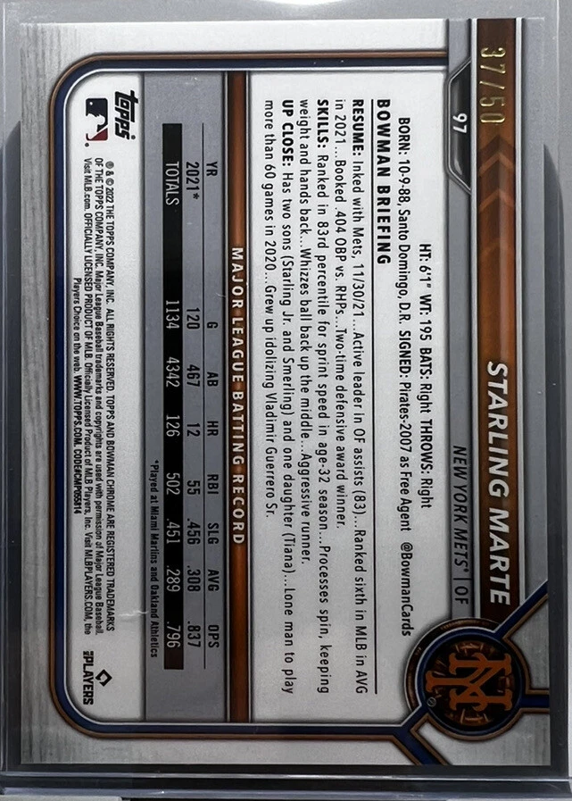 STARLING MARTE 2022 Bowman Chrome TRUE GOLD REFRACTOR /50 NEW YORK METS #97 - Image 2 of 3