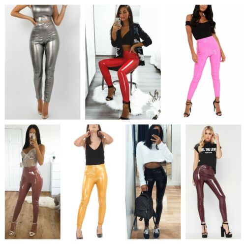 leggings élastiques femmes en vinyle PVC disco look humide brillant pantalon taille haute - Photo 1/11