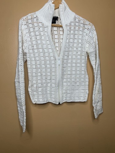 NY Based Women Size Medium Sweater Cardigan Zip Front White Crochet Long sleeve - Picture 3 of 21