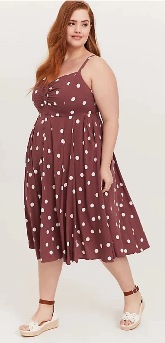 NWT Torrid Plus Size 0 Large WALNUT POLKA DOT CHALLIS BUTTON FRONT MIDI  DRESS